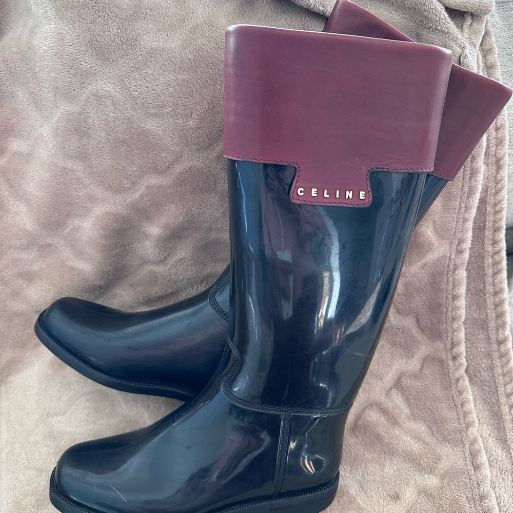 Celine Navy Rubber Rain Boots Burgundy Leather Trim Logo Size 36 Made in Italy - Picture 4 of 8